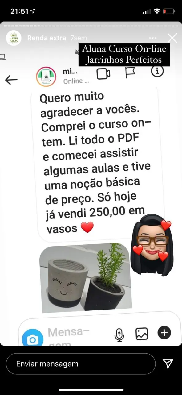 Mensagem de aluna comemorando vendas de R$ 250 em vasos