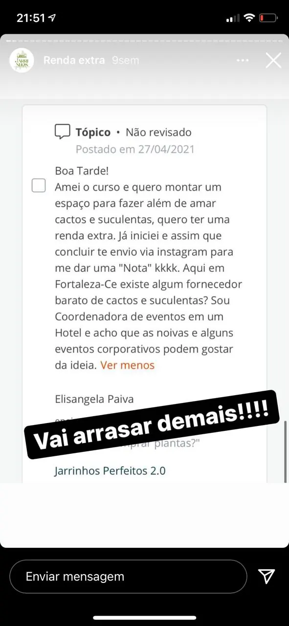 Mensagem de aluna interessada em vender para casamentos